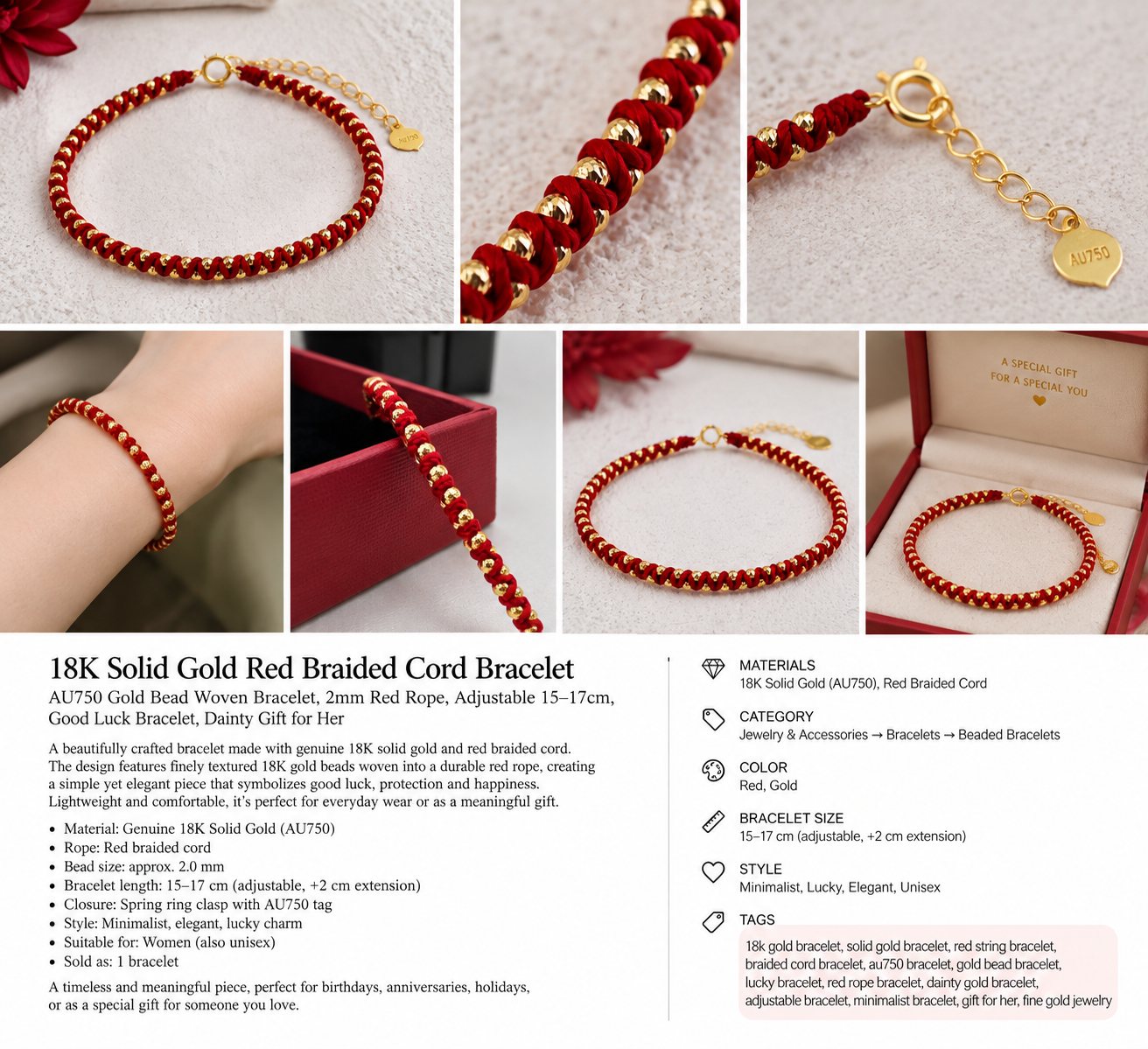 18K Solid Gold Red Cord Bracelet, Diamond-Cut Beads, Adjustable Burgundy Braided Jewelry
