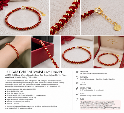 18K Solid Gold Red Cord Bracelet, Diamond-Cut Beads, Adjustable Burgundy Braided Jewelry