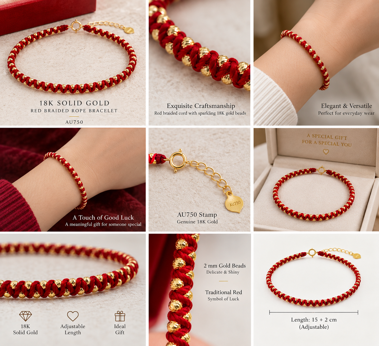 18K Solid Gold Red Cord Bracelet, Diamond-Cut Beads, Adjustable Burgundy Braided Jewelry