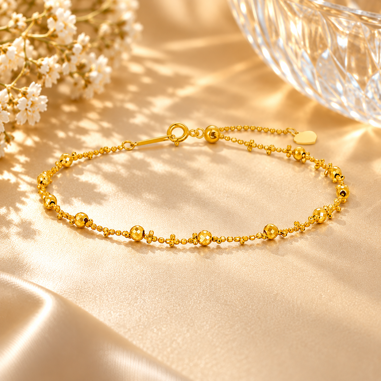 18K Solid Gold Faceted Bead Bracelet, Adjustable Dainty Chain, Minimalist Fine Jewelry