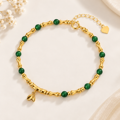 18K Solid Gold Bamboo & Green Bead Bracelet
