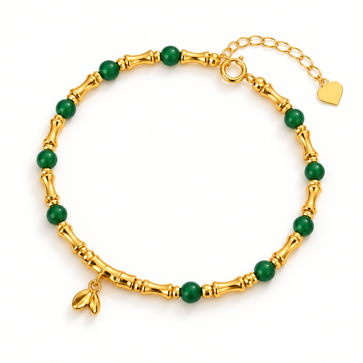 18K Solid Gold Bamboo & Green Bead Bracelet