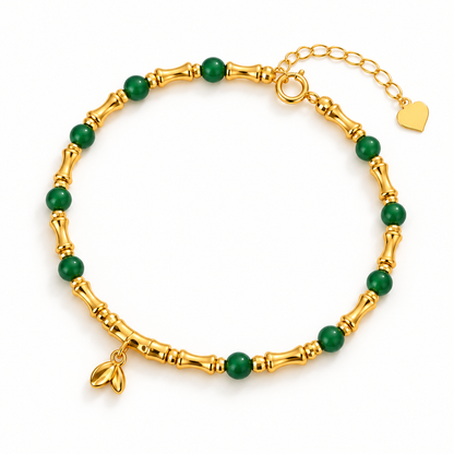 18K Solid Gold Bamboo & Green Bead Bracelet