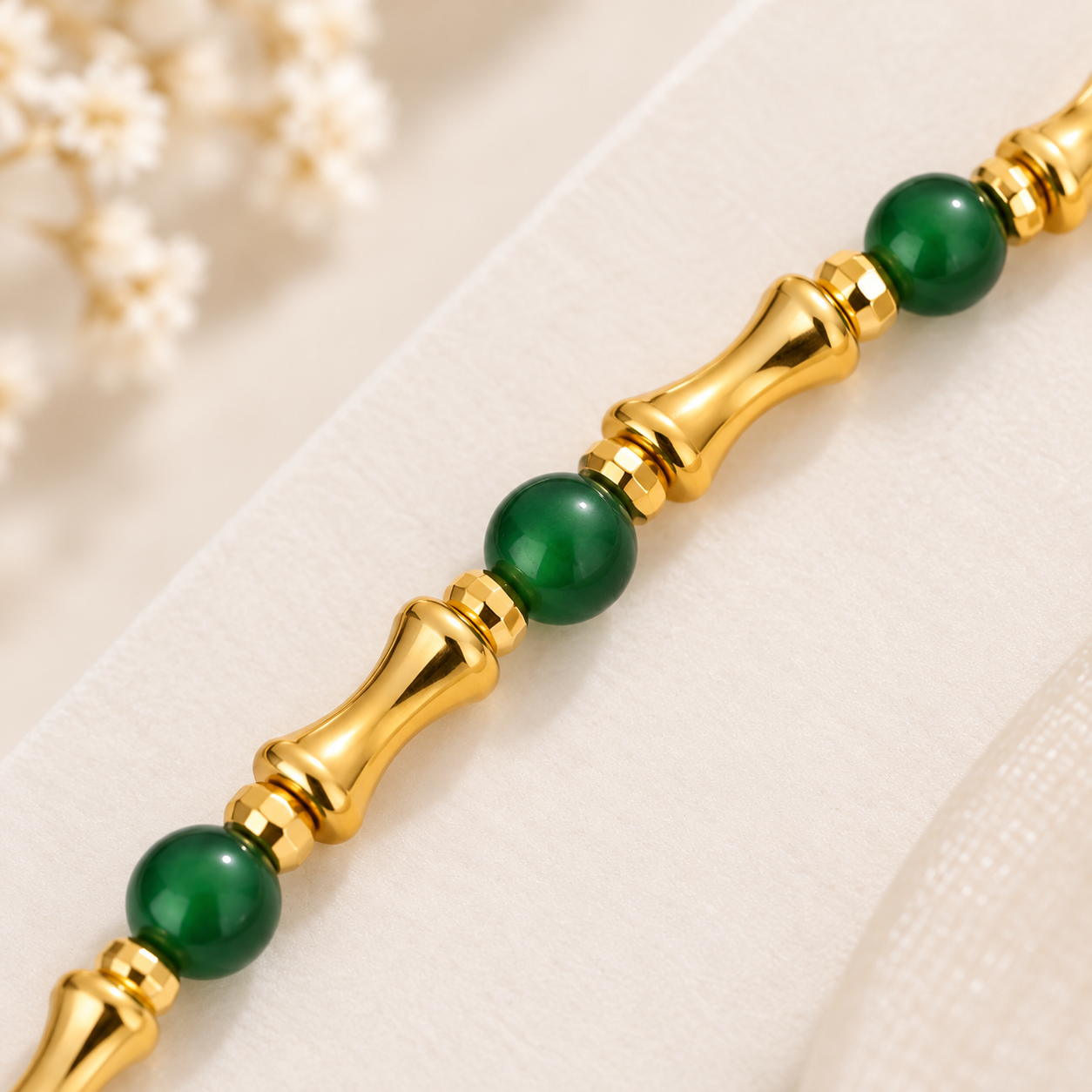 18K Solid Gold Bamboo & Green Bead Bracelet