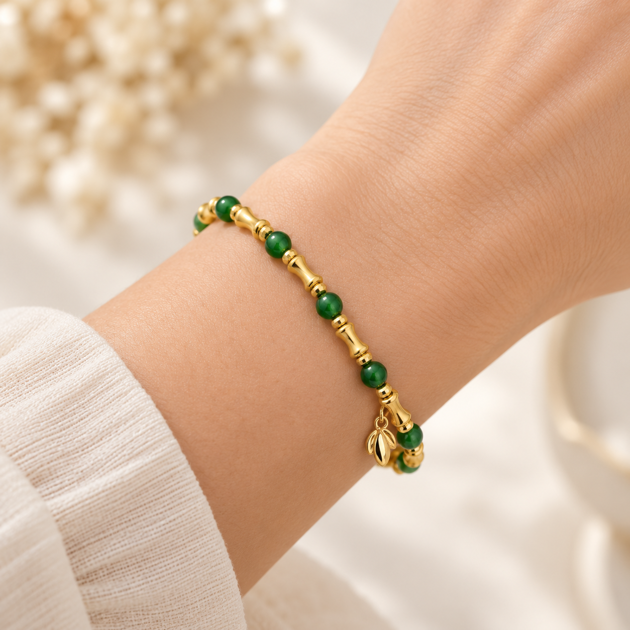 18K Solid Gold Bamboo & Green Bead Bracelet
