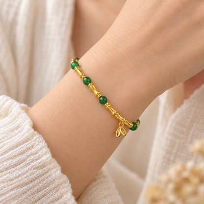 18K Solid Gold Bamboo & Green Bead Bracelet