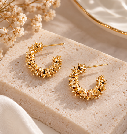 18K Gold Textured C-Shaped Hoop Earrings, Modern Statement Jewelry