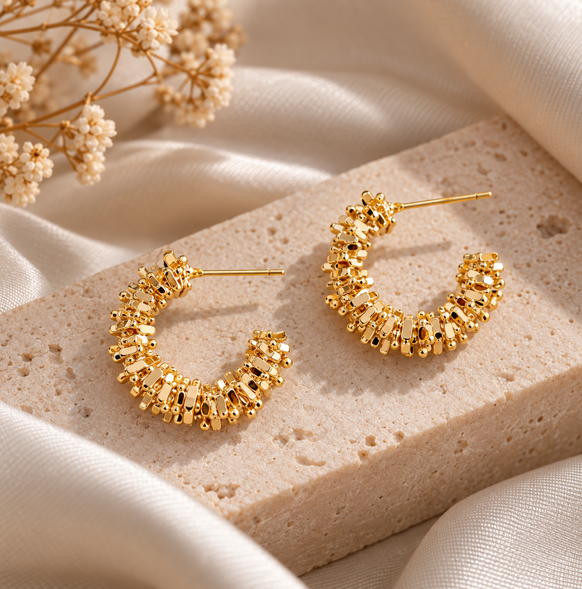 18K Gold Textured C-Shaped Hoop Earrings, Modern Statement Jewelry