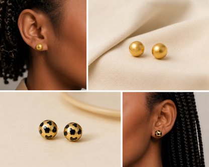 18K Solid Gold Ball Stud Earrings, AU750 Brushed Gold Studs, Leopard Print Earrings, Round Minimalist Earrings, Gift for Her