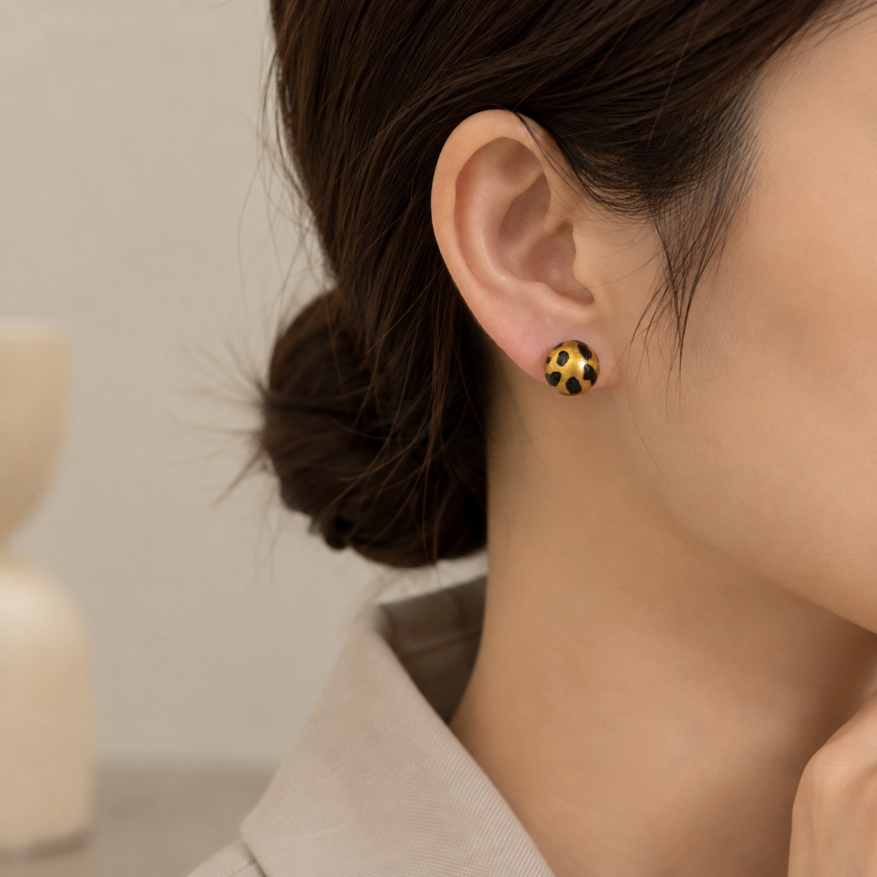 18K Solid Gold Ball Stud Earrings, AU750 Brushed Gold Studs, Leopard Print Earrings, Round Minimalist Earrings, Gift for Her