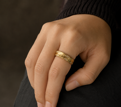 18K Solid Gold Feather Leaf Ring, Yellow Gold Moissanite Band, Unisex Botanical Jewelry