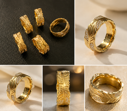 18K Solid Gold Feather Leaf Ring, Yellow Gold Moissanite Band, Unisex Botanical Jewelry