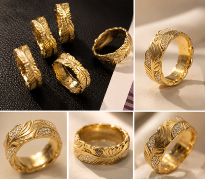 18K Solid Gold Feather Leaf Ring, Yellow Gold Moissanite Band, Unisex Botanical Jewelry