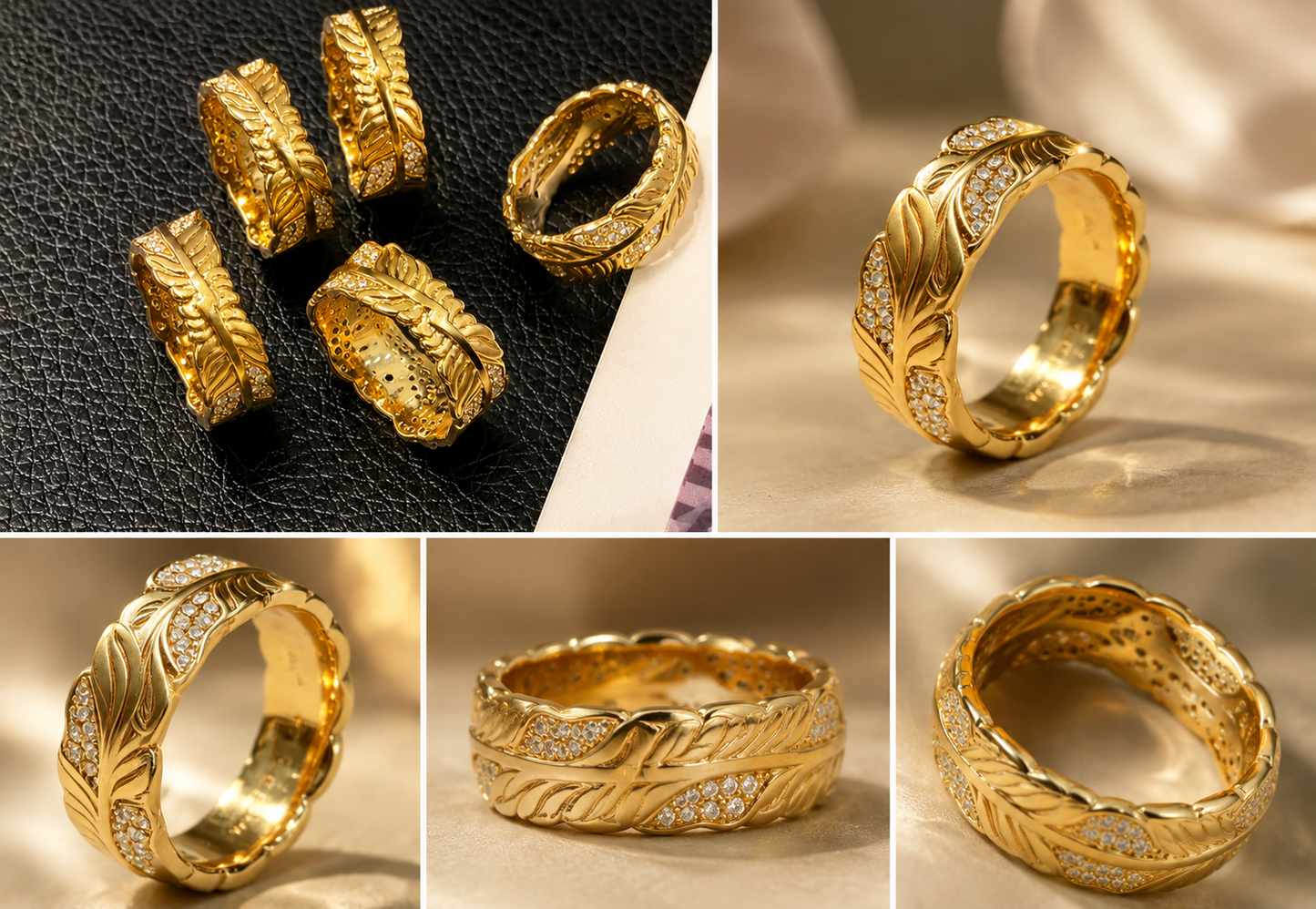 18K Solid Gold Feather Leaf Ring, Yellow Gold Moissanite Band, Unisex Botanical Jewelry