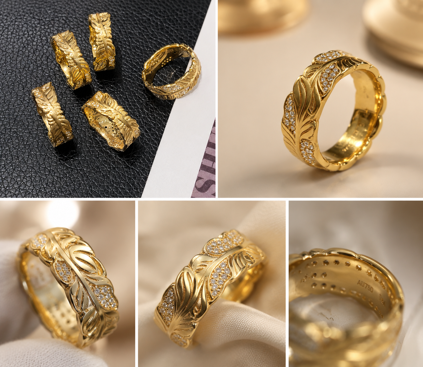 18K Solid Gold Feather Leaf Ring, Yellow Gold Moissanite Band, Unisex Botanical Jewelry