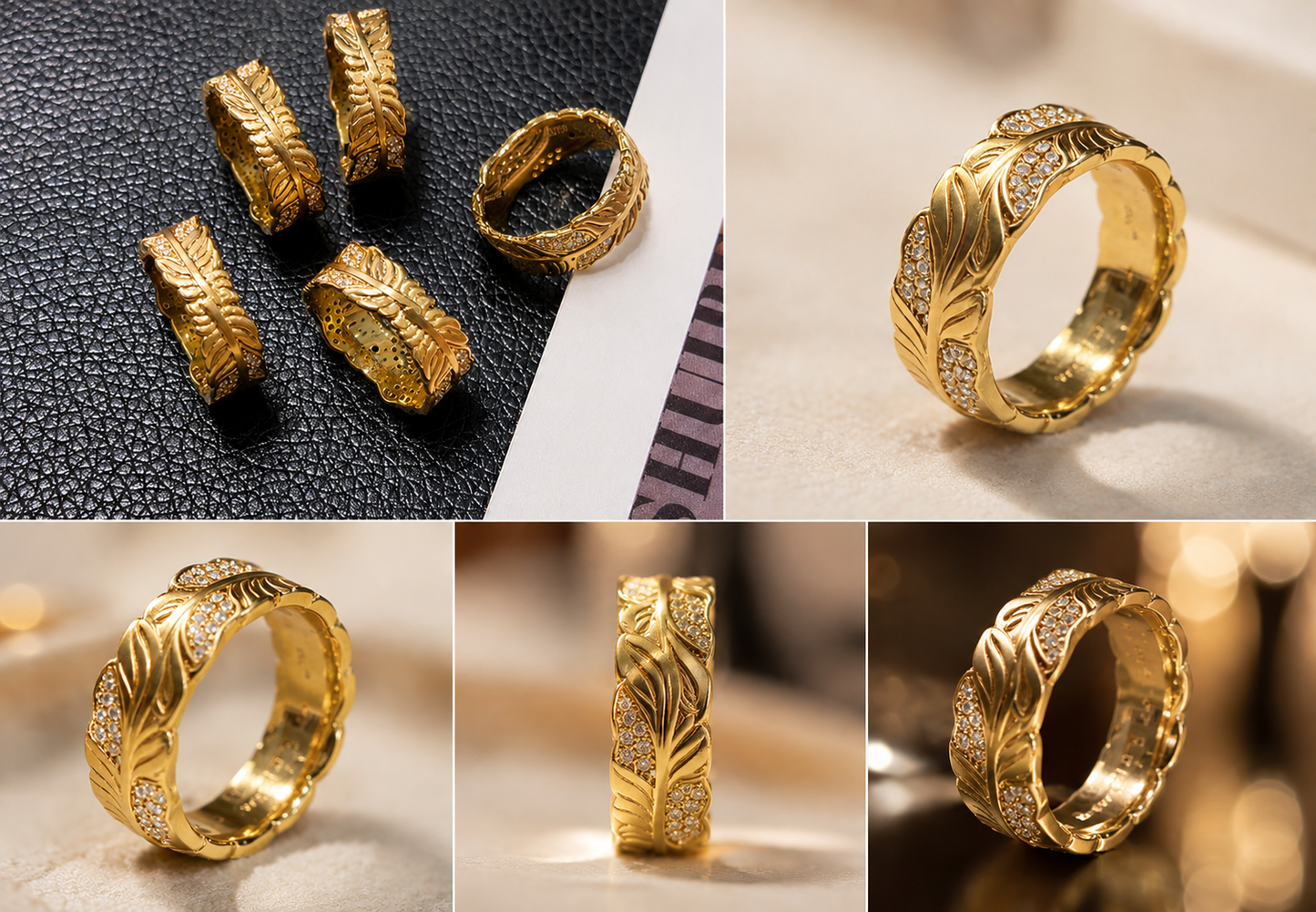 18K Solid Gold Feather Leaf Ring, Yellow Gold Moissanite Band, Unisex Botanical Jewelry