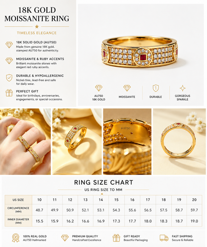 18K Solid Gold Geometric Pavé Ring, Yellow Gold Red Gemstone Band, Moissanite Unisex Jewelry