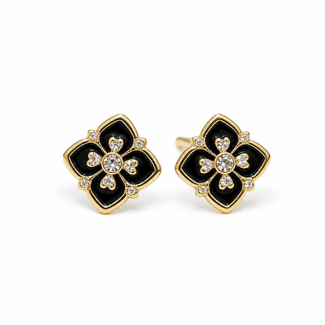 Solid Gold 18k Floral Enamel Stud Earrings – Red or Black