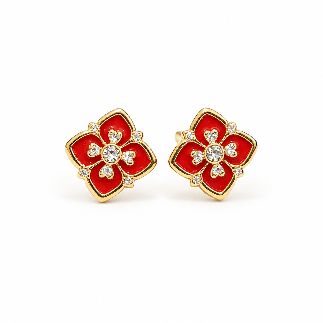 Solid Gold 18k Floral Enamel Stud Earrings – Red or Black