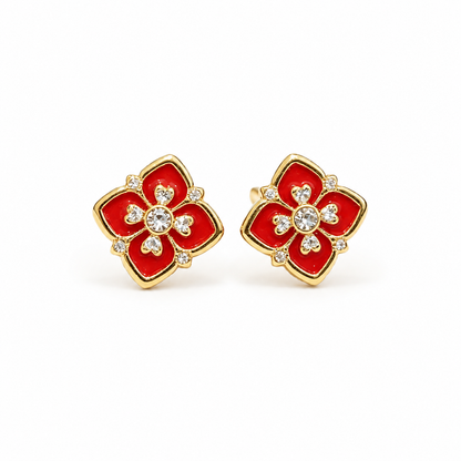 Solid Gold 18k Floral Enamel Stud Earrings – Red or Black