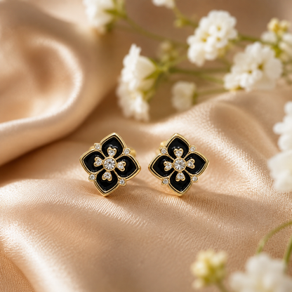 Solid Gold 18k Floral Enamel Stud Earrings – Red or Black
