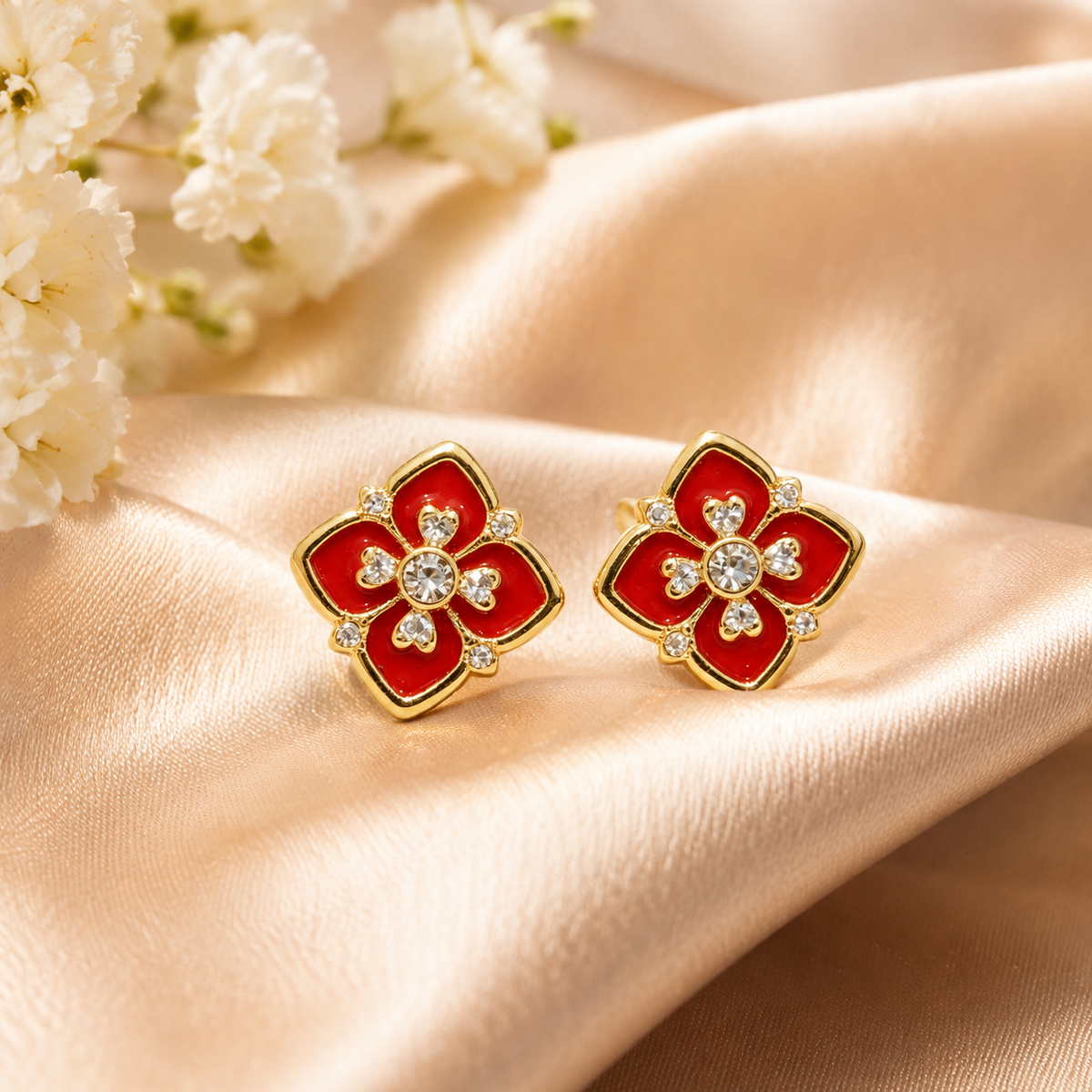 Solid Gold 18k Floral Enamel Stud Earrings – Red or Black
