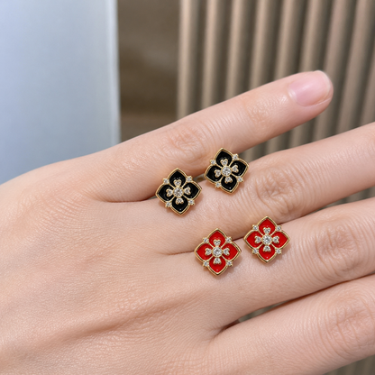 Solid Gold 18k Floral Enamel Stud Earrings – Red or Black