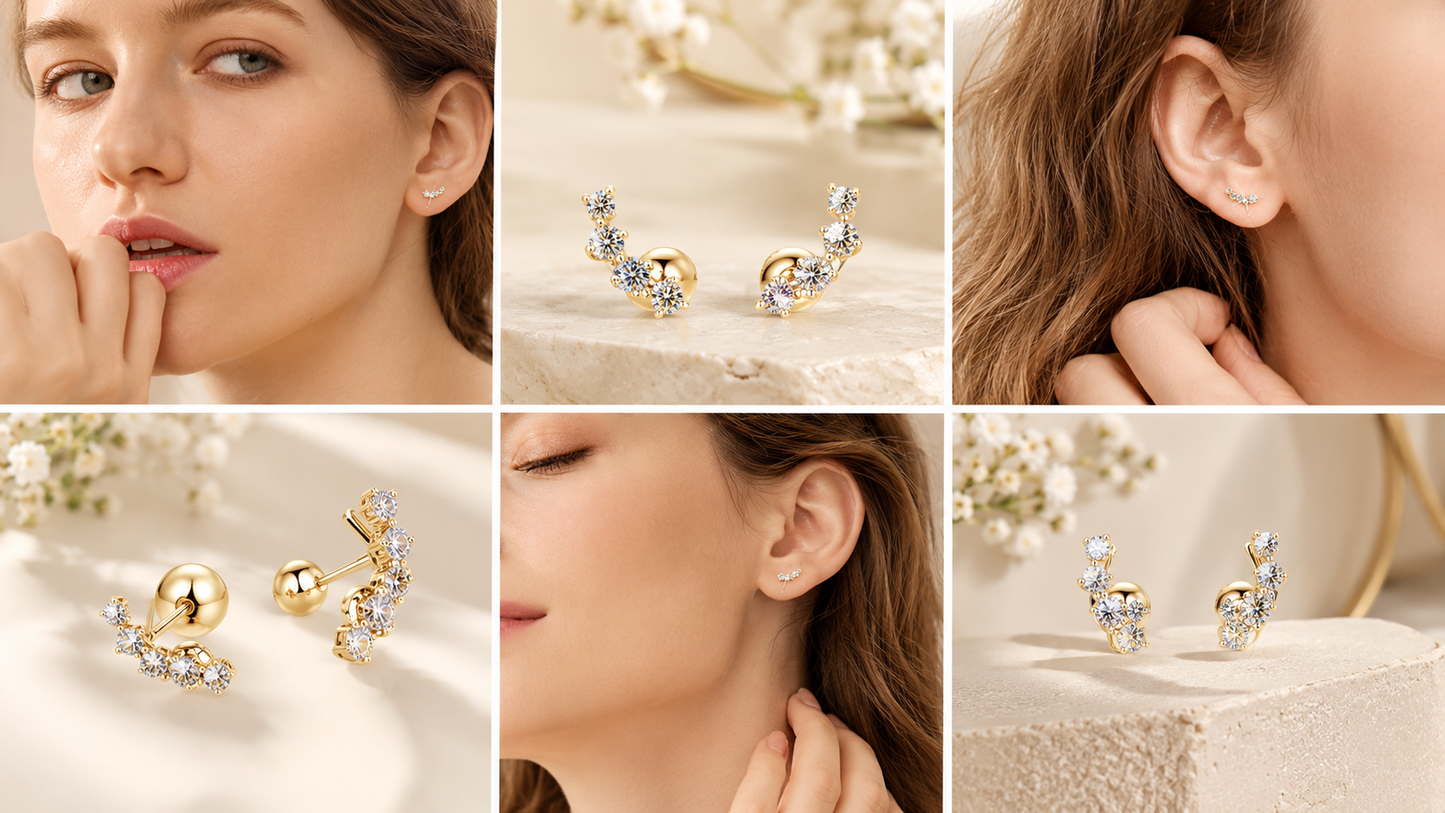 Solid 10K Gold Moissanite Ear Climber Earrings – Graduated Diamond Alternative