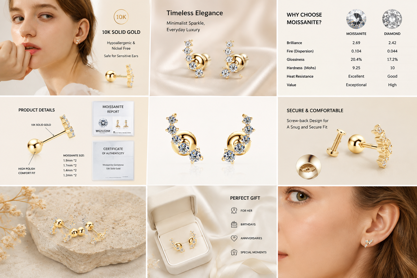 Solid 10K Gold Moissanite Ear Climber Earrings – Graduated Diamond Alternative