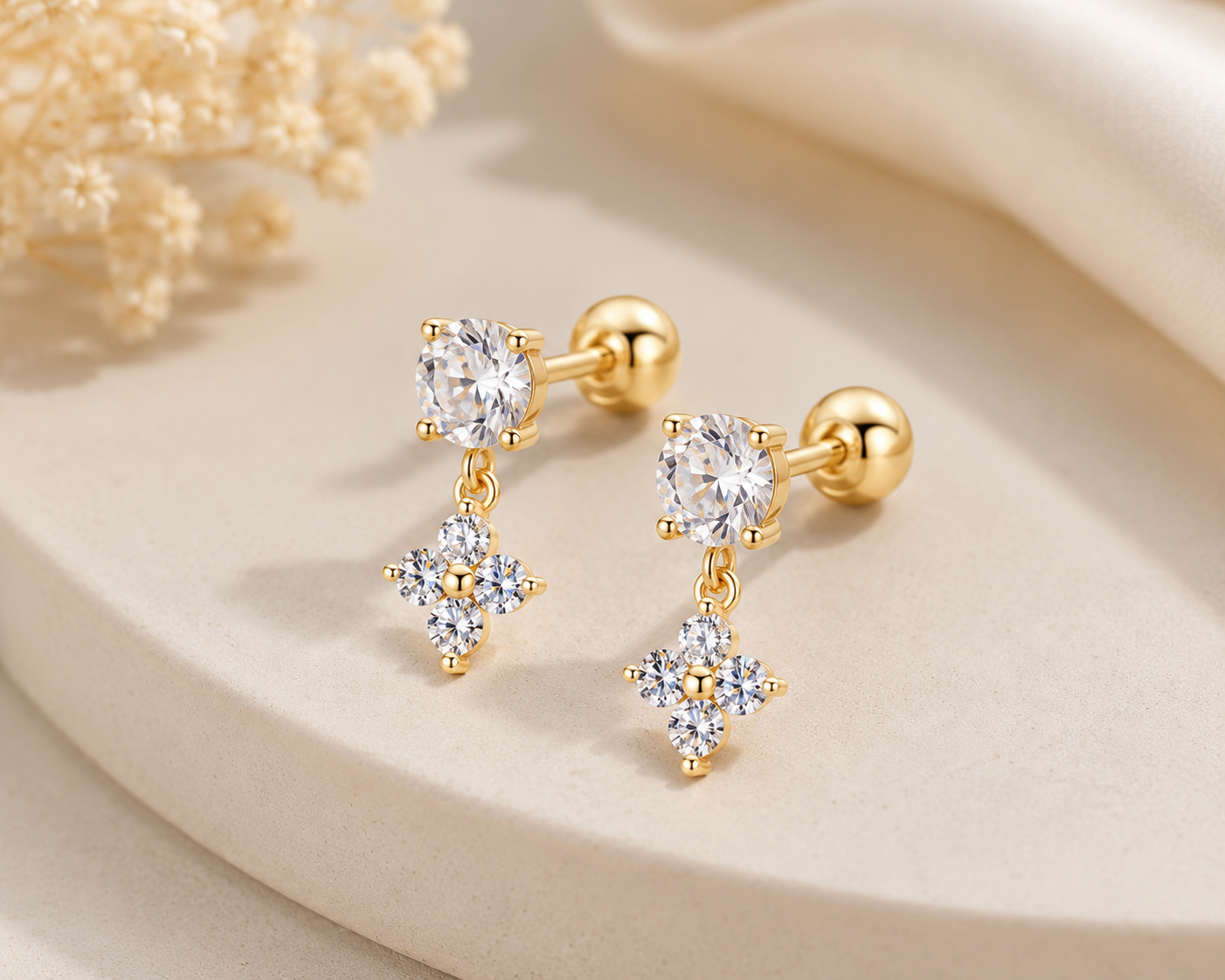 Solid Gold Moissanite Stud Earrings, 10K Gold, Round Stud or Clover Drop Style, Diamond Alternative