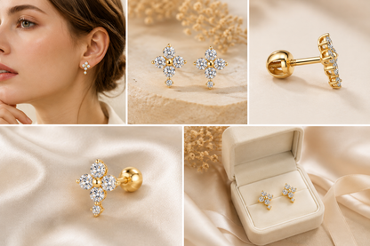 Solid Gold Moissanite Stud Earrings, 10K Gold, Round Stud or Clover Drop Style, Diamond Alternative