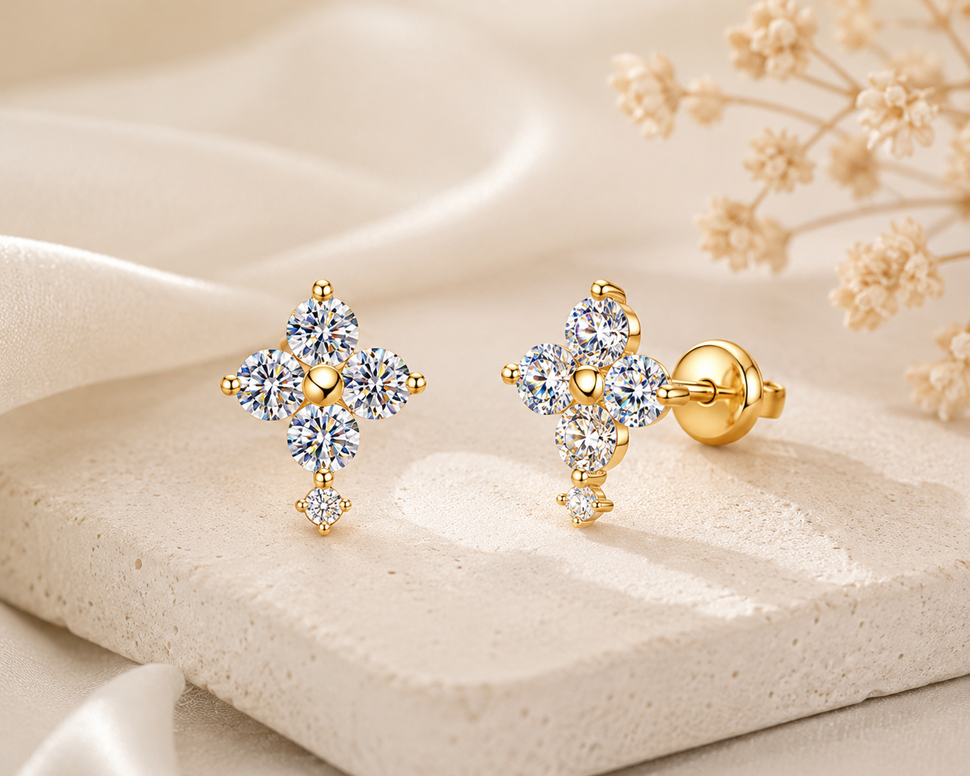 Solid Gold Moissanite Stud Earrings, 10K Gold, Round Stud or Clover Drop Style, Diamond Alternative
