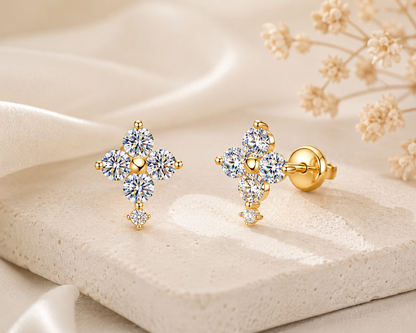 Solid Gold Moissanite Stud Earrings, 10K Gold, Round Stud or Clover Drop Style, Diamond Alternative