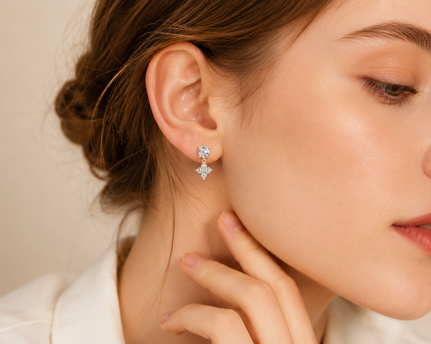 Solid Gold Moissanite Stud Earrings, 10K Gold, Round Stud or Clover Drop Style, Diamond Alternative