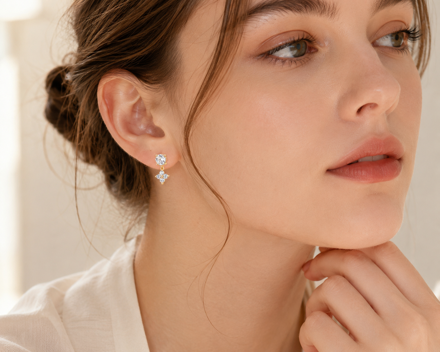 Solid Gold Moissanite Stud Earrings, 10K Gold, Round Stud or Clover Drop Style, Diamond Alternative