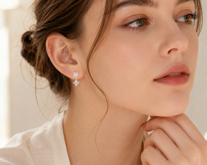 Solid Gold Moissanite Stud Earrings, 10K Gold, Round Stud or Clover Drop Style, Diamond Alternative
