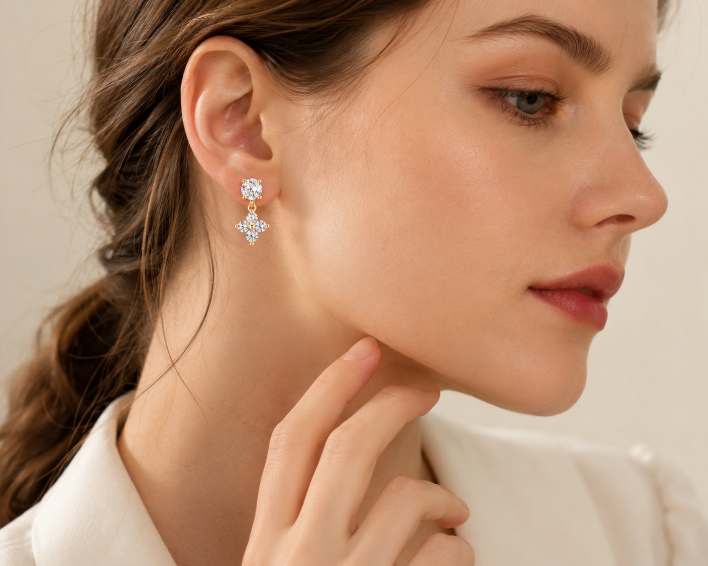 Solid Gold Moissanite Stud Earrings, 10K Gold, Round Stud or Clover Drop Style, Diamond Alternative