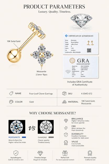 Solid Gold Moissanite Stud Earrings, 10K Gold, Round Stud or Clover Drop Style, Diamond Alternative