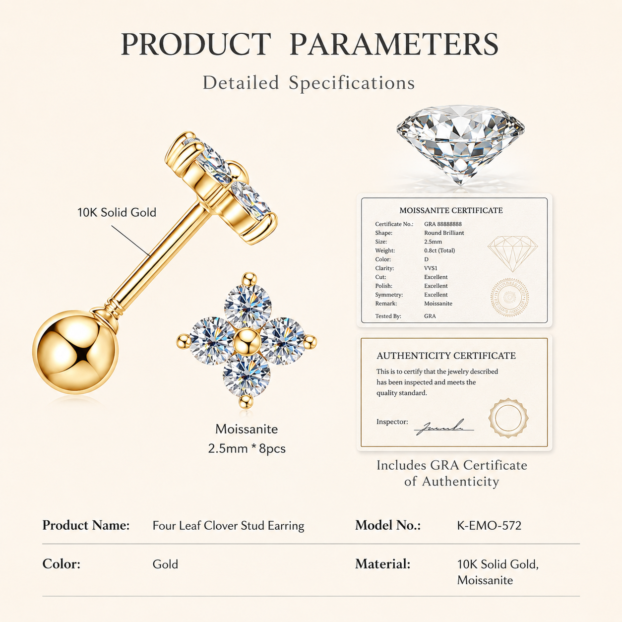 Solid Gold Moissanite Stud Earrings, 10K Gold, Round Stud or Clover Drop Style, Diamond Alternative