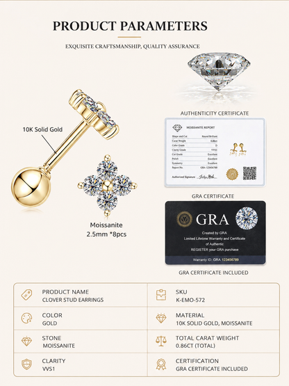 Solid Gold Moissanite Stud Earrings, 10K Gold, Round Stud or Clover Drop Style, Diamond Alternative