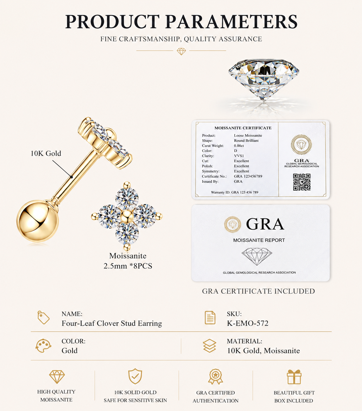 Solid Gold Moissanite Stud Earrings, 10K Gold, Round Stud or Clover Drop Style, Diamond Alternative