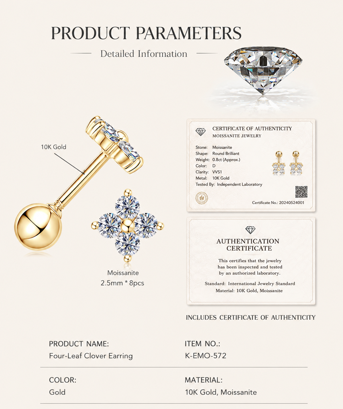 Solid Gold Moissanite Stud Earrings, 10K Gold, Round Stud or Clover Drop Style, Diamond Alternative