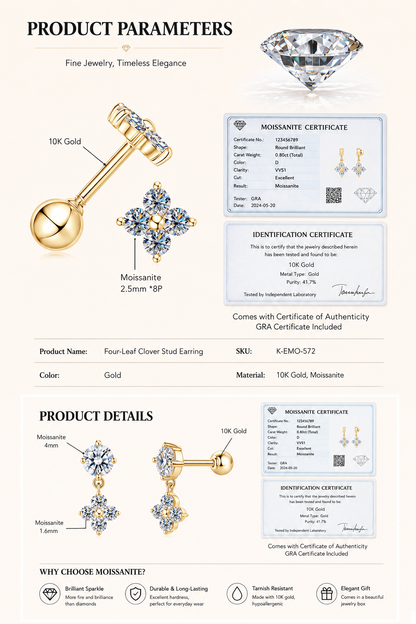 Solid Gold Moissanite Stud Earrings, 10K Gold, Round Stud or Clover Drop Style, Diamond Alternative