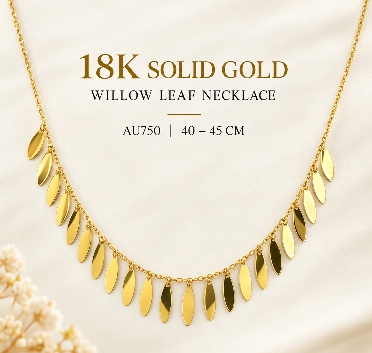 18K Solid Gold Willow Leaf Necklace, AU750 Dainty Fringe Choker