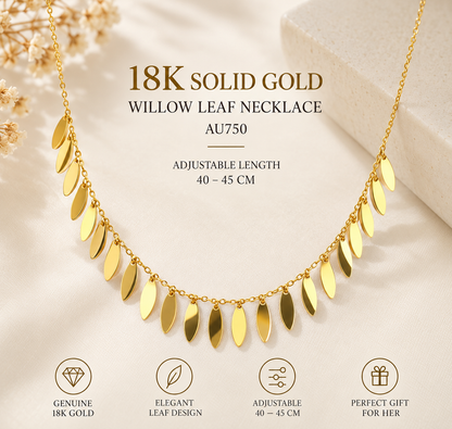 18K Solid Gold Willow Leaf Necklace, AU750 Dainty Fringe Choker