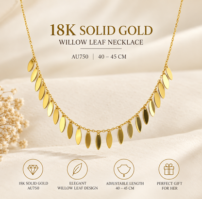 18K Solid Gold Willow Leaf Necklace, AU750 Dainty Fringe Choker