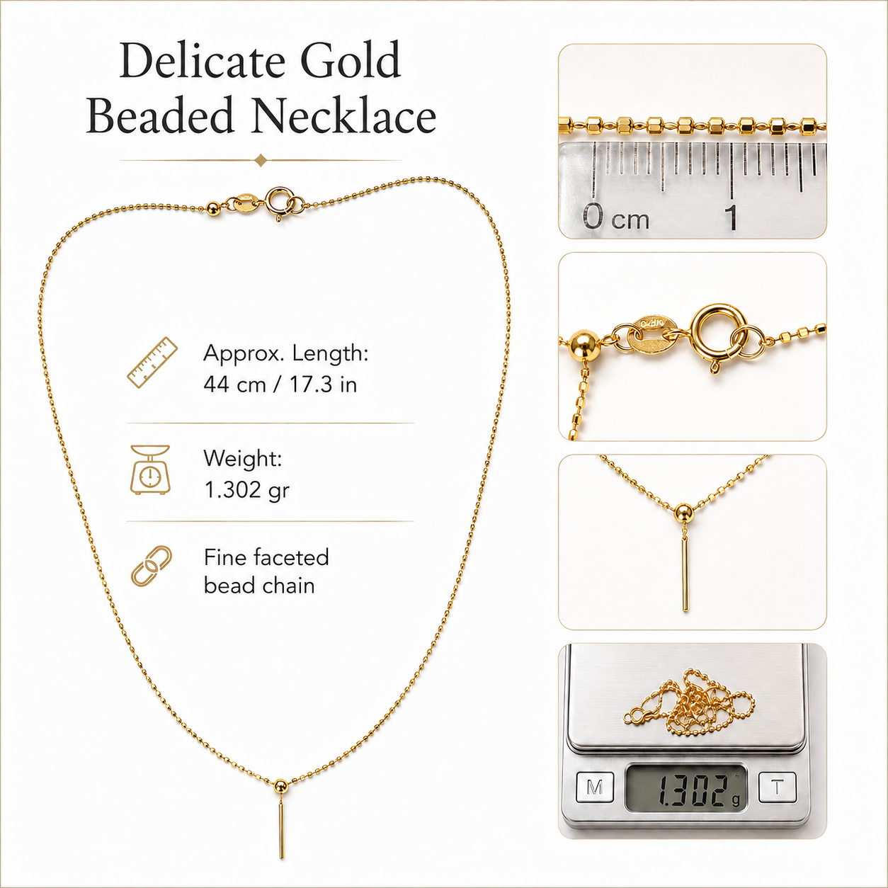 18K Solid Gold Bead Chain Necklace – Dainty Minimalist Layering Jewelry