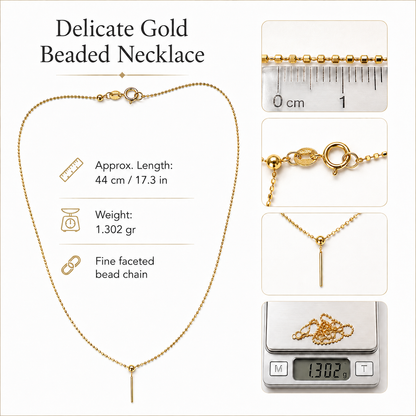 18K Solid Gold Bead Chain Necklace – Dainty Minimalist Layering Jewelry