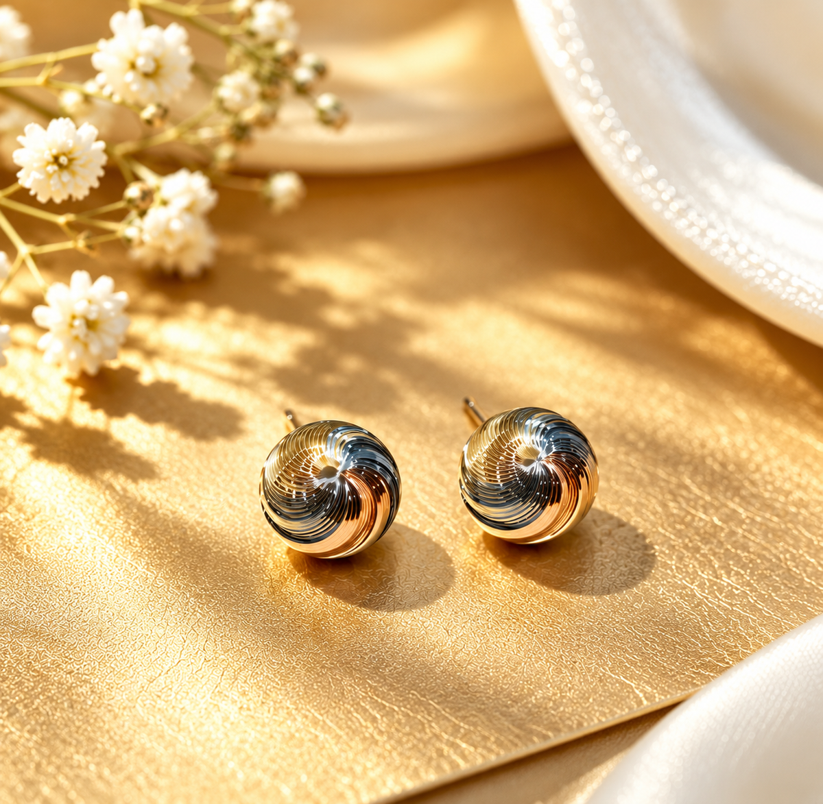18K Solid Gold Tri-Color Swirl Stud Earrings – AU750
