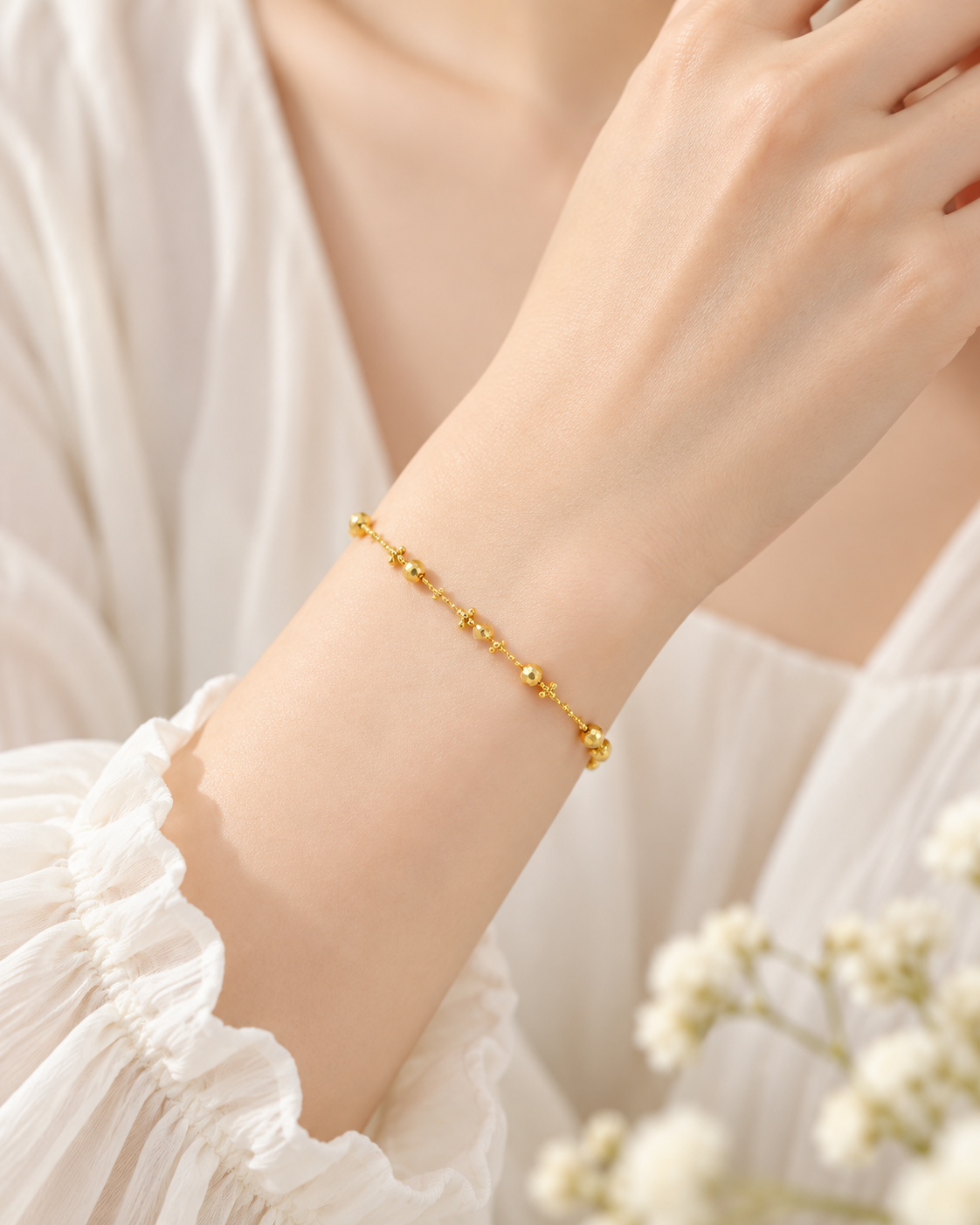 18K Solid Gold Faceted Bead Bracelet, Adjustable Dainty Chain, Minimalist Fine Jewelry